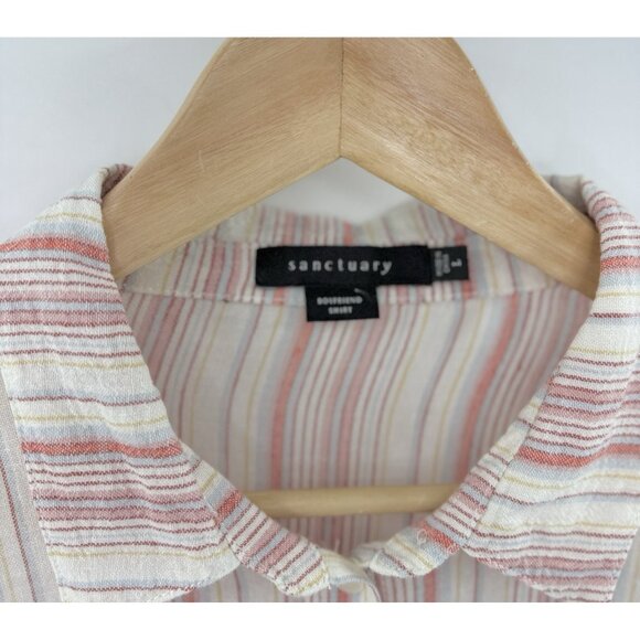 Sanctuary Linen Cotton Bld Striped Popover Blouse Roll Tab Slv Sz L Coastal Boho - Picture 4 of 11